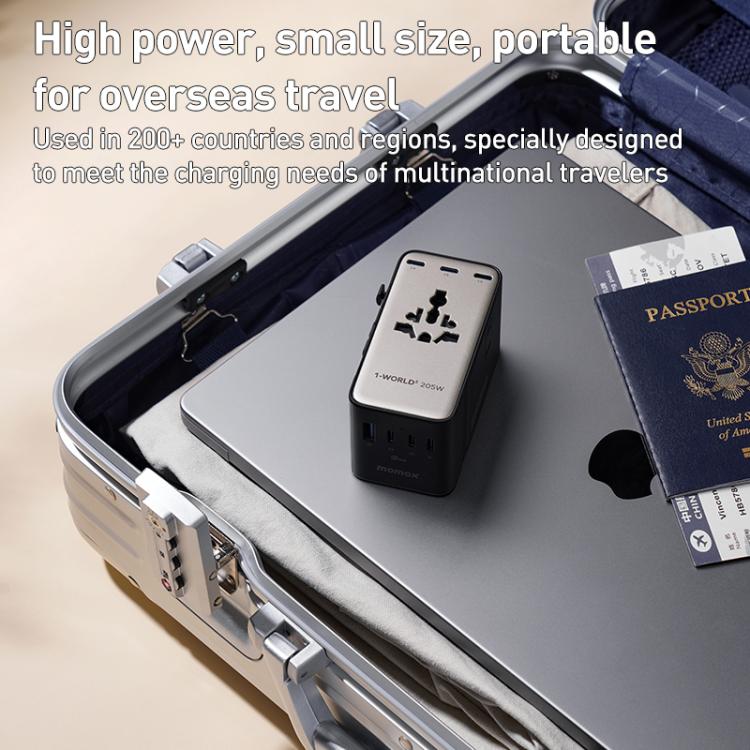 MOMAX UA28L 1-World 2 205W Dual AC 7-Port Universal Travel GaN Charger with 140W Cable, UA28L
