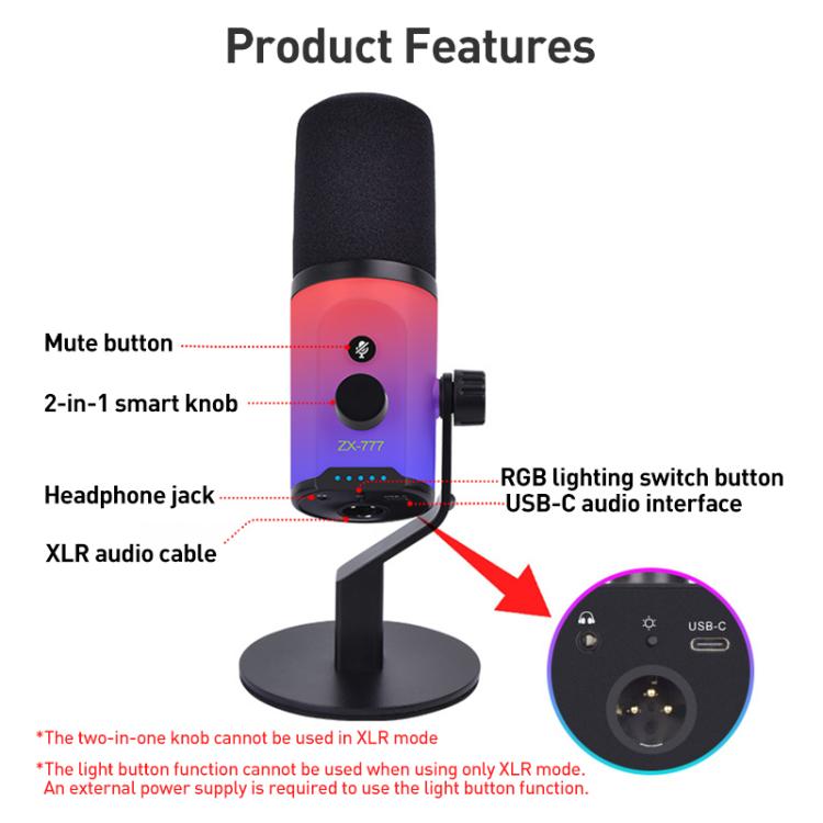 XTUGA ZX-777 XLR / USB-C Dynamic Microphone RGB Light Noise Reduction for Live, Desktop, Long Arm Bracket