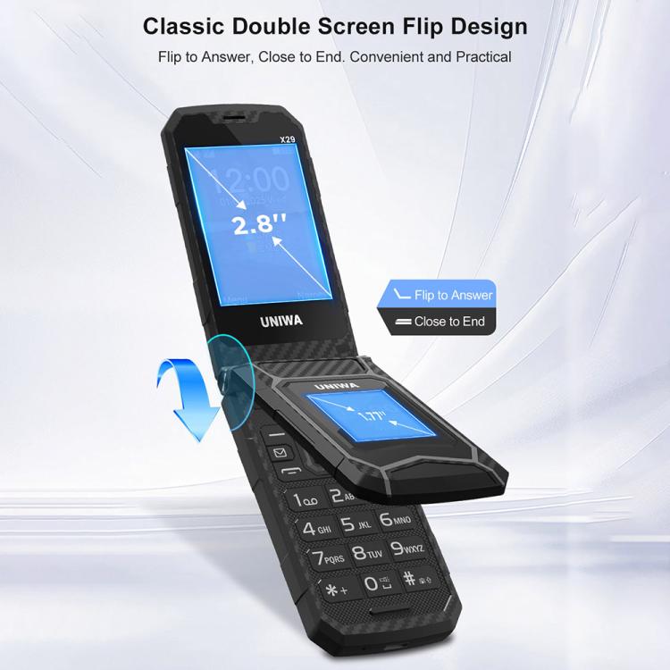 UNIWA X29 Keypad Flip Rugged Phone, 2.8 inch + 1.77 inch Double Screen, MT6261D, Network: 2G, EU Plug, US Plug, UK Plug, AU Plug