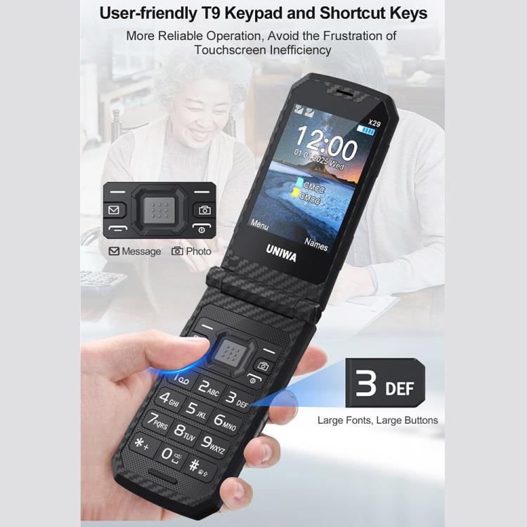 UNIWA X29 Keypad Flip Rugged Phone, 2.8 inch + 1.77 inch Double Screen, MT6261D, Network: 2G, EU Plug, US Plug, UK Plug, AU Plug