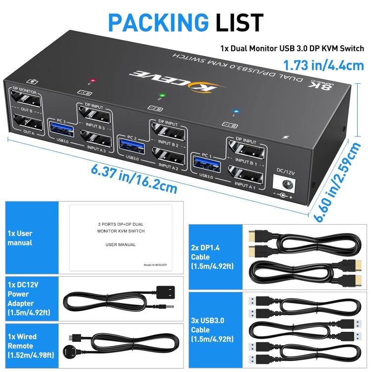 KCEVE KC-KVM302DP USB 3.0 Dual Monitor 8K 30Hz KVM Switch, US Plug, EU Plug, UK Plug, AU Plug
