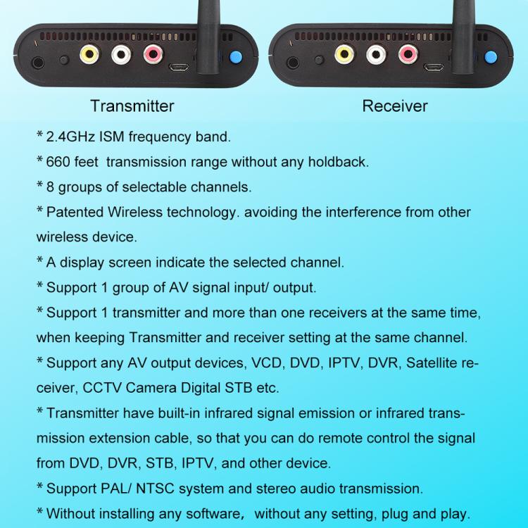 Measy AV220 2.4GHz Wireless Audio / Video Transmitter and Receiver, Distance: 200m, AV220 Black