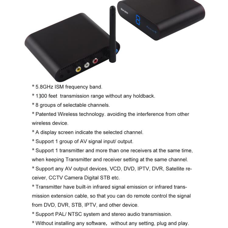 Measy AV540 5.8GHz Wireless Audio / Video Transmitter and Receiver with Infrared Return Function, Distance: 400m, AV540 Black