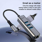 USB -C / Type-C Elbow to RJ45 and 3 x USB-A Aluminum Alloy Shell HUB Adapter Expander, Type-C Elbow to RJ45 and 3 x USB-A
