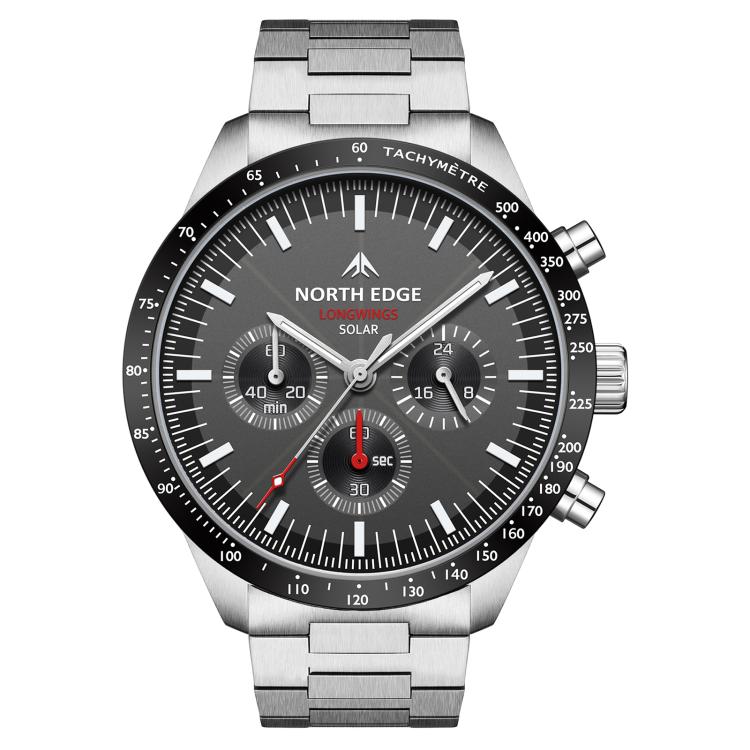 NORTH EDGE LONGWINGS Outdoor Men Solar Charging Stainless Steel Strap Sports Watch