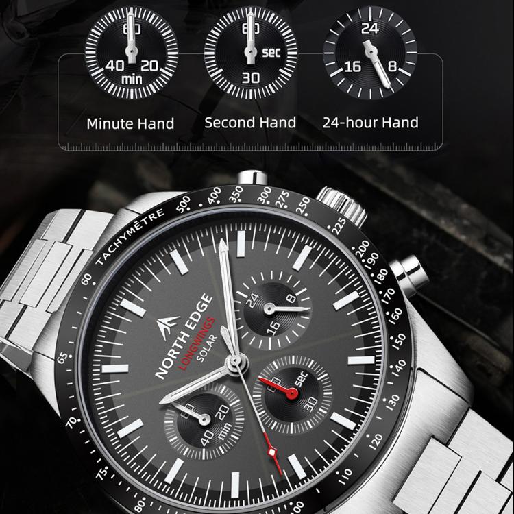 NORTH EDGE LONGWINGS Outdoor Men Solar Charging Stainless Steel Strap Sports Watch