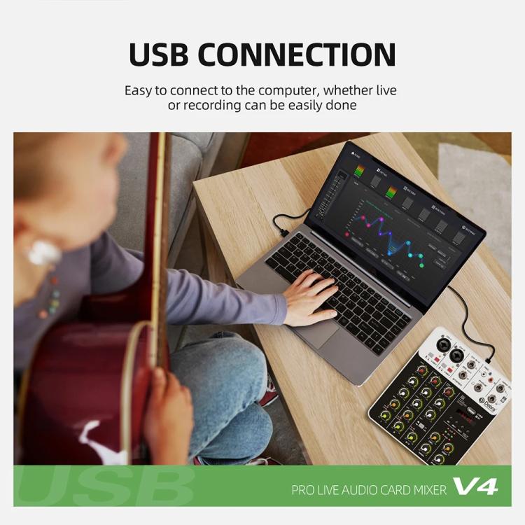 DEBRA V4 4-Channels Audio Mixer with Reverb Sound Card for Live Streaming, V4