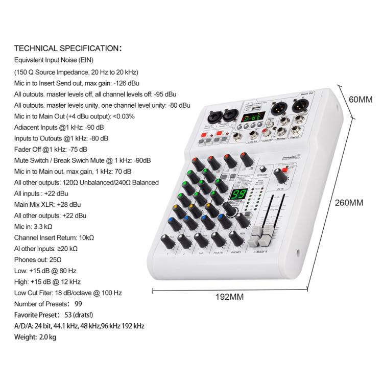 DEBRA PRMX-6 4-Channels Audio Mixer DSP Reverb for Live Recording, PRMX-6