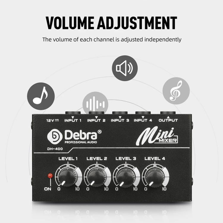 DEBRA M094 4-Channels Audio Mixer Musical Instrument Live Streaming Reverb, US Plug, EU Plug, AU Plug, UK Plug