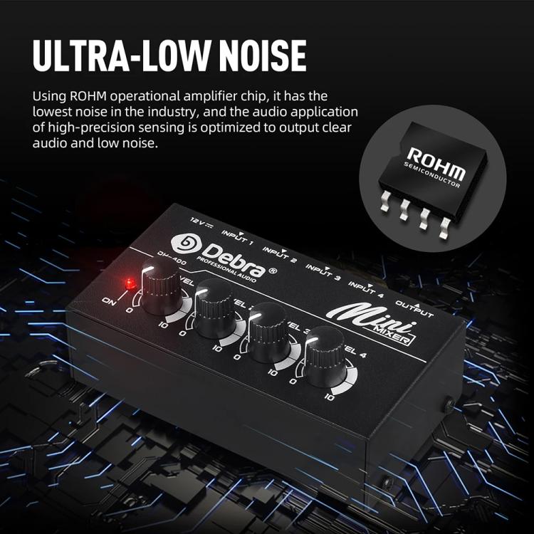 DEBRA M094 4-Channels Audio Mixer Musical Instrument Live Streaming Reverb, US Plug, EU Plug, AU Plug, UK Plug