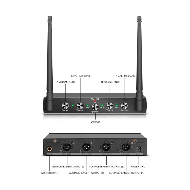 DEBRA AU-400 UHF Wireless Microphone System 4-in-1 for Performance Conference KTV, 4 Handheld Mic, 2 Handheld +2 Bodypack, 4 Bodypack Mic