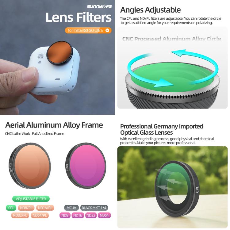 For Insta360 GO Ultra Sunnylife Camera Lens Filter, Black Mist 1/4, CPL, MCUV, ND8, ND16, ND32, ND64, ND8PL, ND16PL, ND32PL, ND64PL, 3 in 1 Light Shadow, 3 in 1 Mixed Filter, 4 in 1 Mixed Filter, 4 in 1 ND, 4 in 1 NDPL, 6 in 1 Mixed Filter