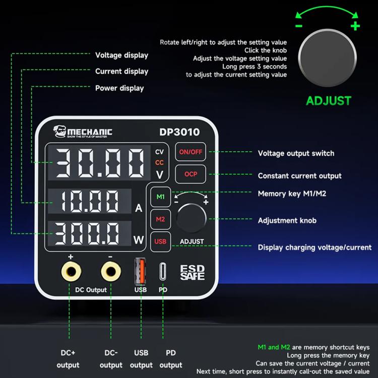 Mechanic DP3010 30V / 10A High Power Wide Voltage Mini Multi-functional Power Supply, EU Plug