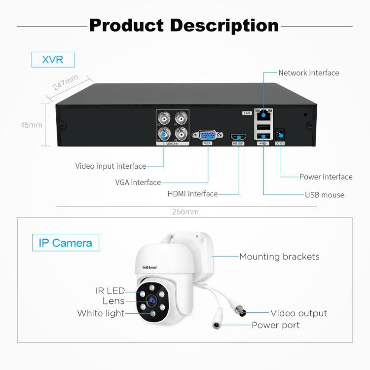 SriHome NVS008-AHD030 2MP HD 4-CH XVR NVR Camera Network Video Recorder Kit, NVS008-AHD030 2MP