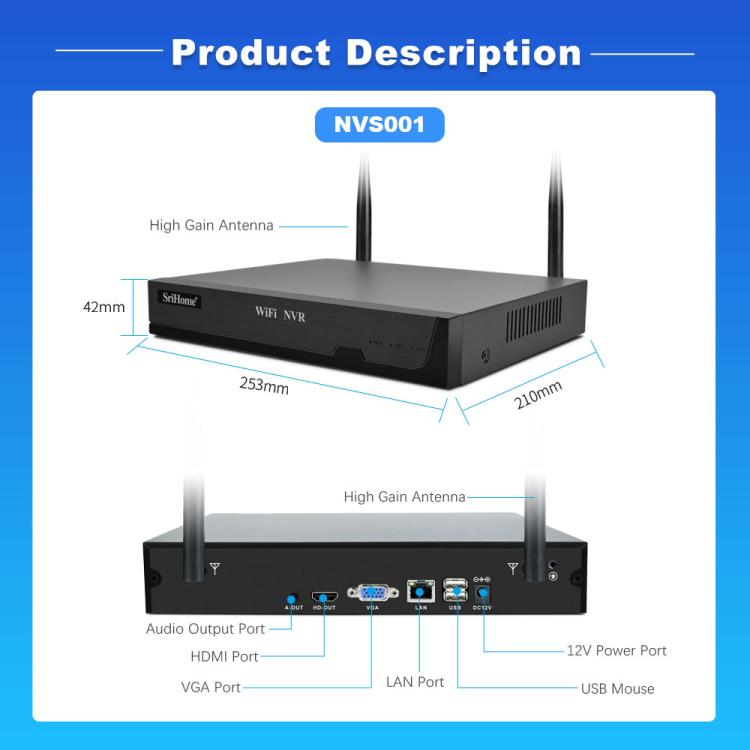 SriHome NVS001-IPC037 2MP HD 4-CH NVR WiFi IP Camera Kit, EU Plug, US Plug, UK Plug, AU Plug