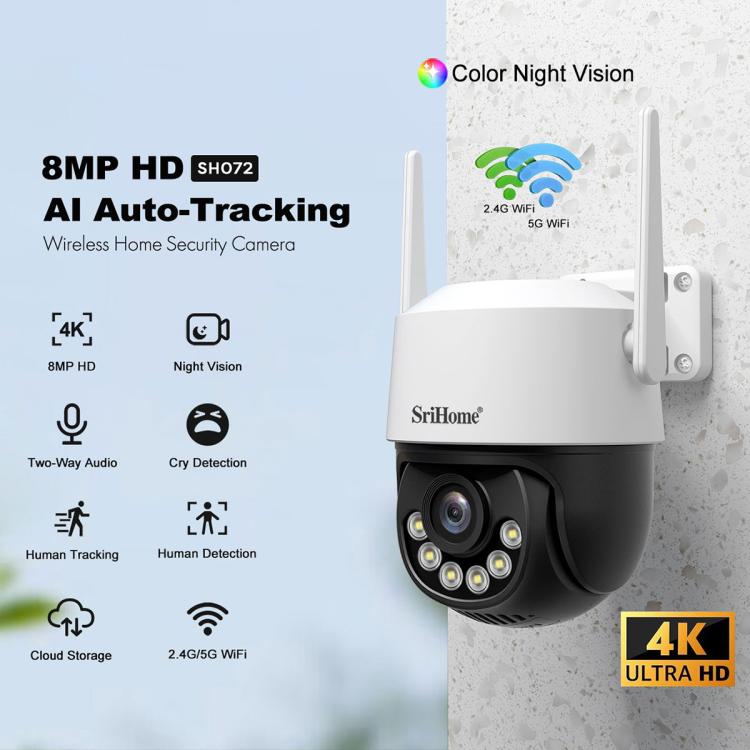 Srihome SH072 8MP 2.4 / 5G WiFi Outdoor AI Auto-Tracking Wireless WiFi Security Camera, EU Plug, US Plug, UK Plug, AU Plug
