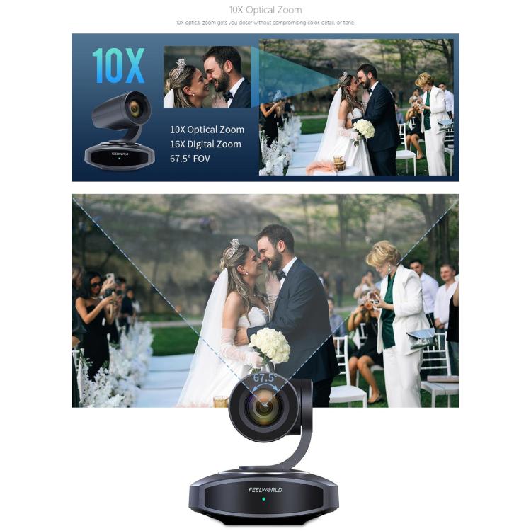 FEELWORLD 4K10X 4K PTZ Camera 10X Optical Zoom AI Tracking HDMI-compatible USB IP Remote Control, UK Plug, US Plug, EU Plug, AU Plug