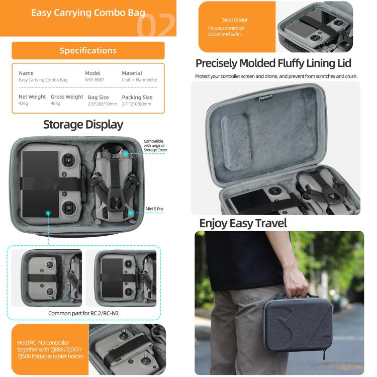 Sunnylife Carrying Hard Travel Storage Bag, For DJI Lito 1 / X1 / Mini 5 Pro Body Bag, For DJI Lito 1 / X1 / Mini 5 Pro Easy Combo Bag, For DJI Lito 1 / X1 / Mini 5 Pro Battery Combo Bag, For DJI RC 2/1 / RC-N3/2/1 Controller Bag