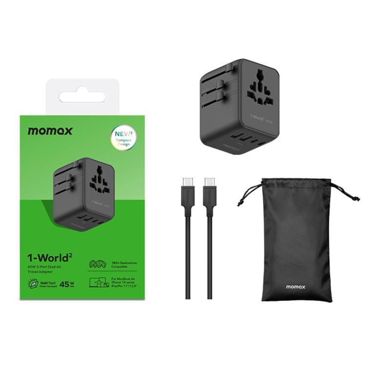 MOMAX UA31D 1-World 2 45W Dual AC 5-Port Universal Travel GaN Charger with 60W Cable, UA31D