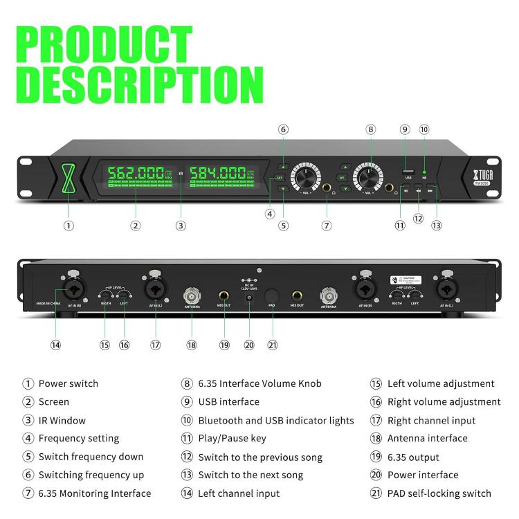 XTUGA RW2090 Professional Stage Wireless 2 Channel In Ear Monitoring System 4 in 1, US Plug, EU Plug, AU Plug, UK Plug