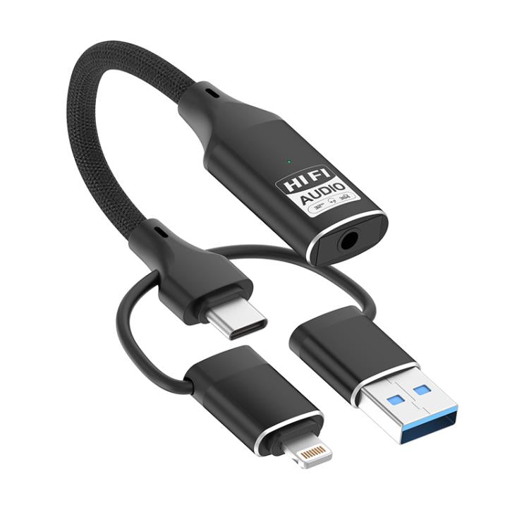 3 in 1 8 Pin, Type-C, USB to 3.5mm Multi-function External Sound Card