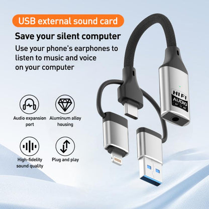 3 in 1 8 Pin, Type-C, USB to 3.5mm Multi-function External Sound Card
