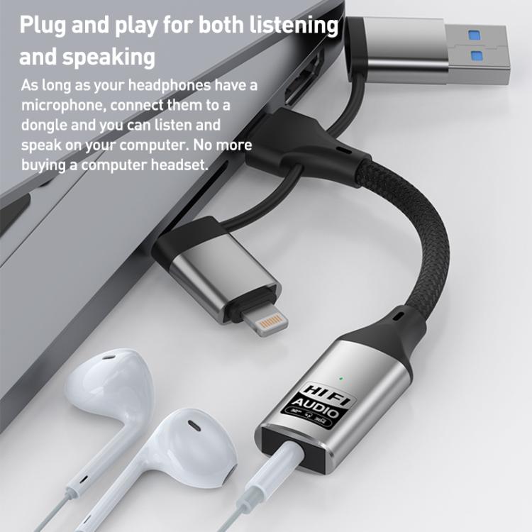 3 in 1 8 Pin, Type-C, USB to 3.5mm Multi-function External Sound Card