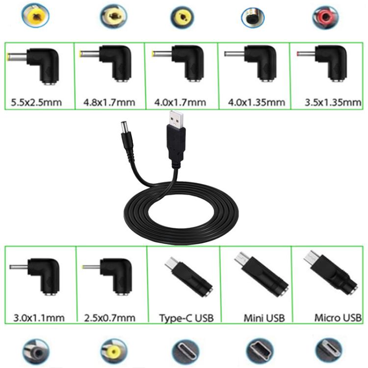 1.5m USB to DC5.5x2.1mm Male Power Cord with 13pcs Converter, 1+13