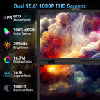 S156P31D 15.6 inch 1080P Dual Screen Foldable Portable Monitor with Holder, 15.6 inch 1080P