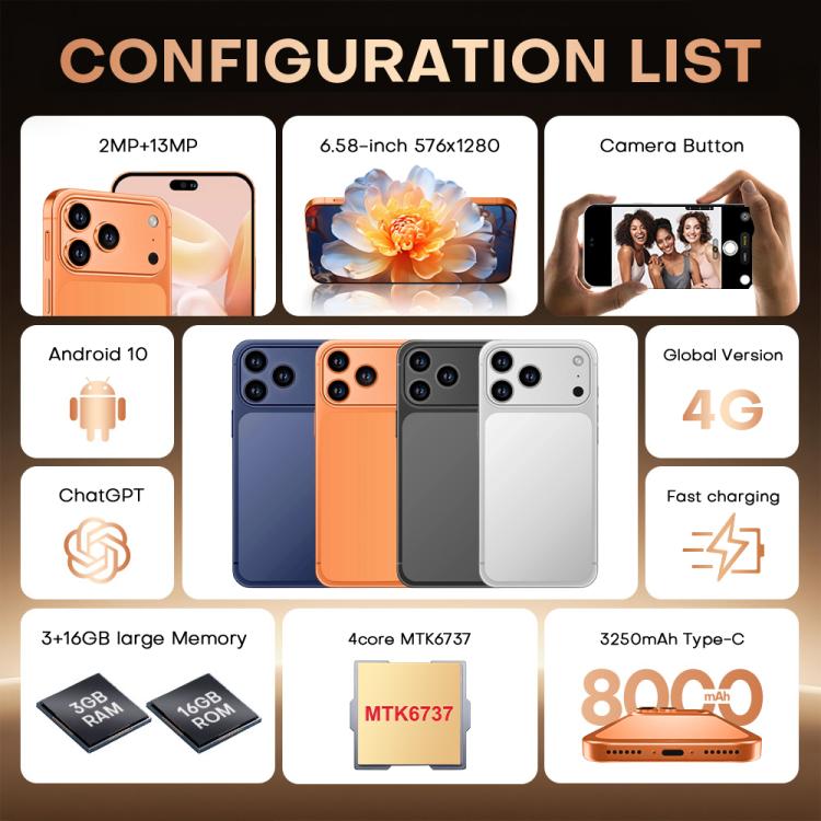 I17 Pro Max / THA97, 3GB+16GB, 6.58 inch Android 10  MTK6737 Quad Core, Network: 4G, Dual SIM, EU Plug, US Plug, UK Plug, AU Plug