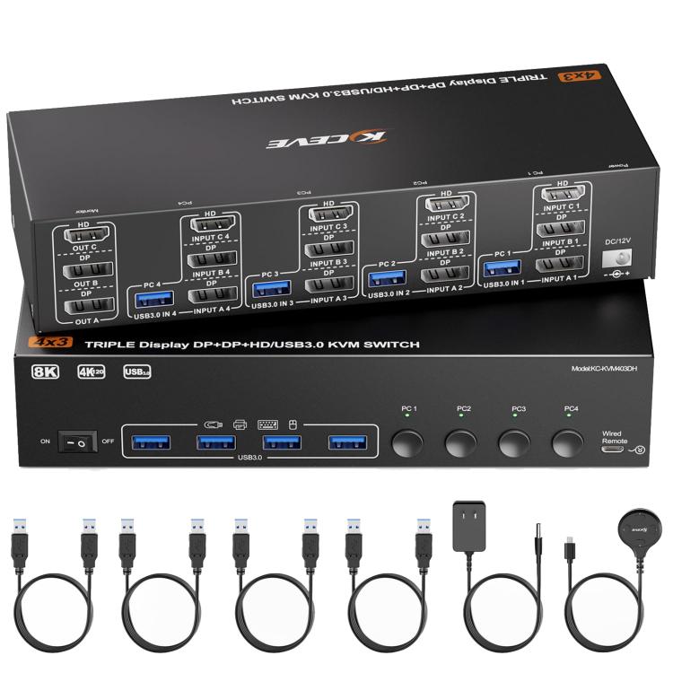 NW-KVM403DH 8K 60Hz USB3.0, DP, HDMI Ports Triple Monitor KVM Switch, NW-KVM403DH