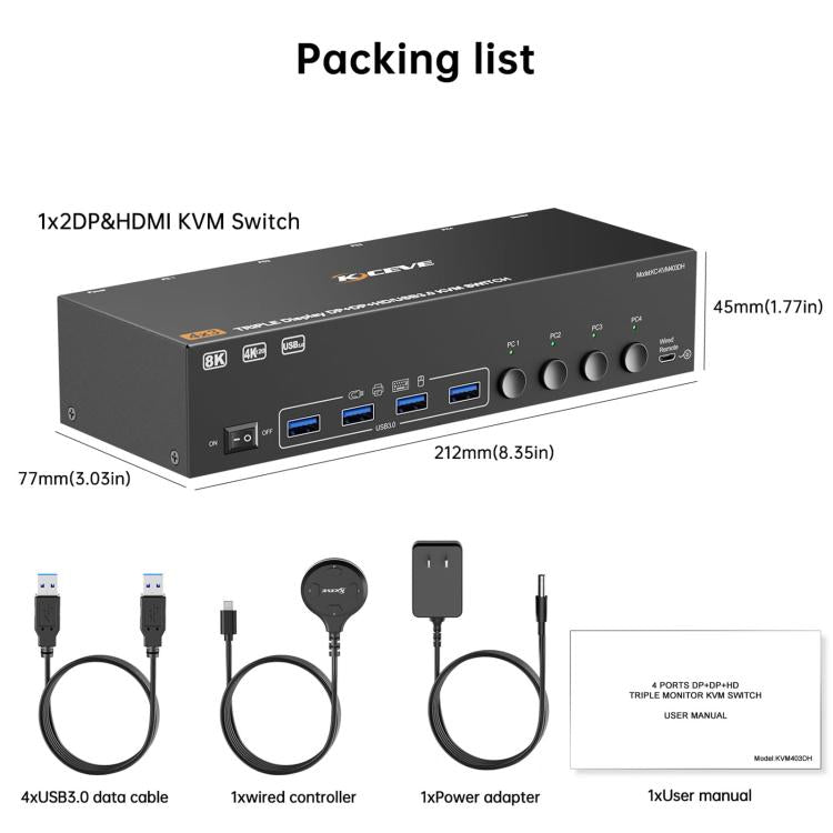 NW-KVM403DH 8K 60Hz USB3.0, DP, HDMI Ports Triple Monitor KVM Switch, NW-KVM403DH