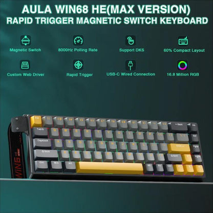AULA WIN68HE MAX Version 68 Keys RGB Wired Keyboard, WIN68HE Dark+Light+Yellow Wing Chun Magnetic Axis
