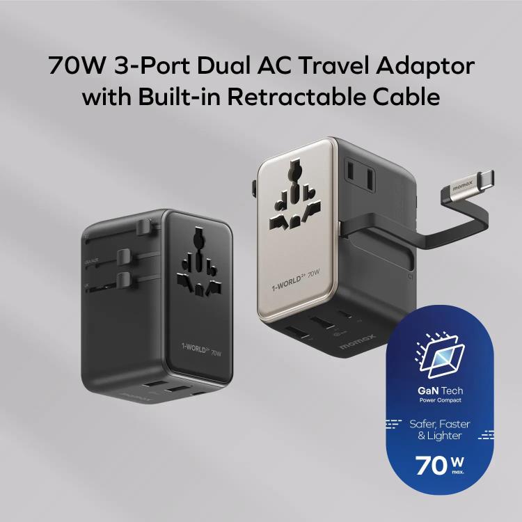MOMAX UA30 1-World 2+ 70W Dual AC Universal Travel GaN Charger with Retractable Cable, UA30D, UA30L