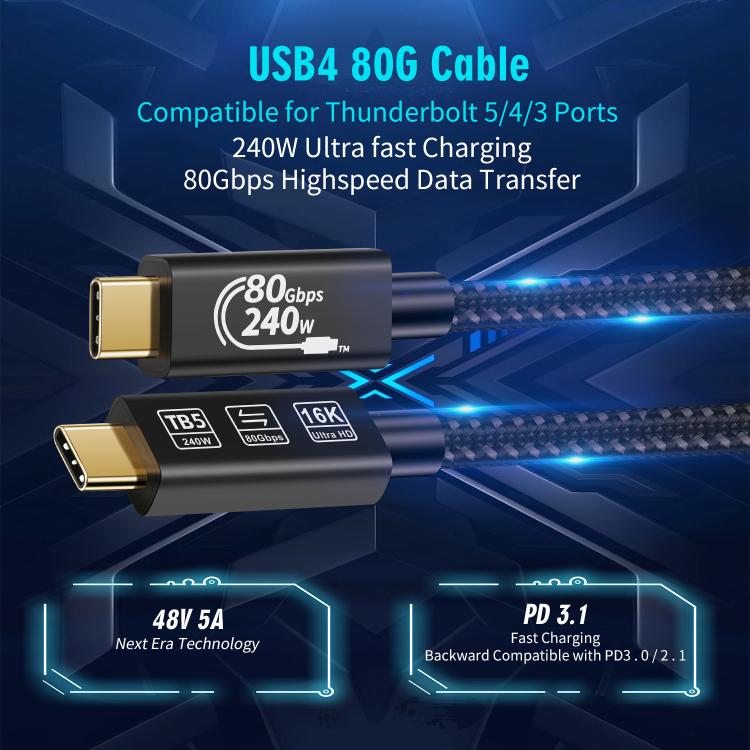 WG240 USB/Type-C to Type-C Thunderbolt 5 240W 240Gbps Data Fast Charging Cable, WG240
