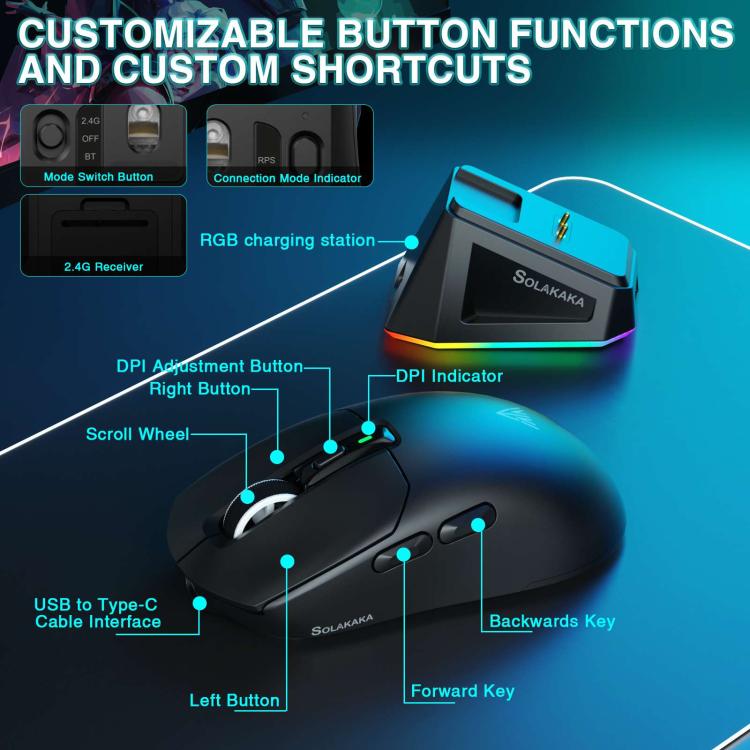 SOLAKAKA SM820 Tri-Mode 22000DPI 1000Hz Wireless Gaming Mouse with RGB Charging Dock
