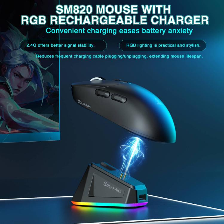 SOLAKAKA SM820 Tri-Mode 22000DPI 1000Hz Wireless Gaming Mouse with RGB Charging Dock