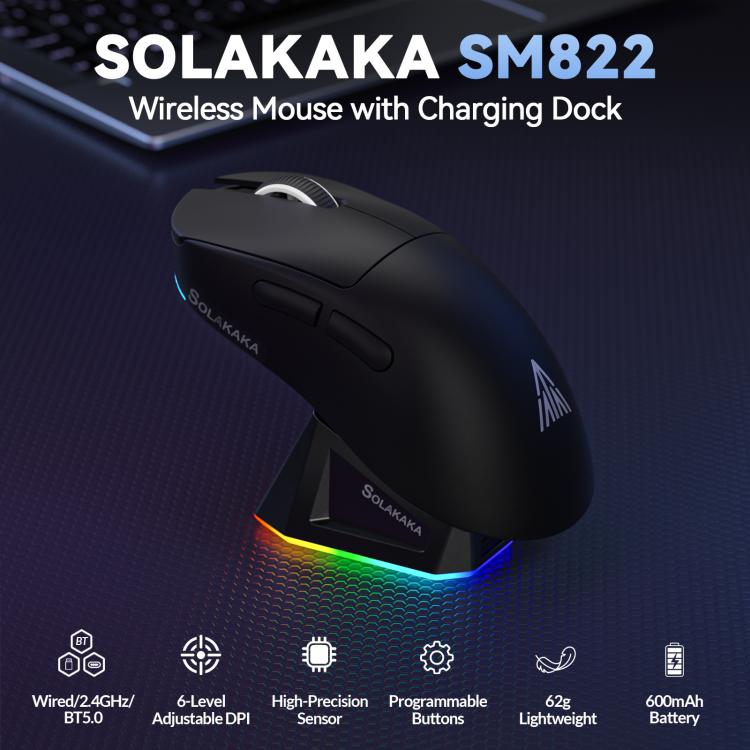 SOLAKAKA SM822 Tri-Mode 24000DPI 1000Hz Wireless Gaming Mouse with RGB Charging Dock