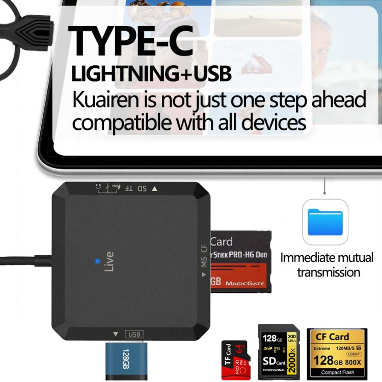 USB, Type-C, 8 Pin to USB-A, Type-C, TF, SD, MS, CF Card Multifunctional Card Reader HUB Docking, USB, Type-C, 8 Pin to USB-A, Type-C, TF, SD, MS, CF Card