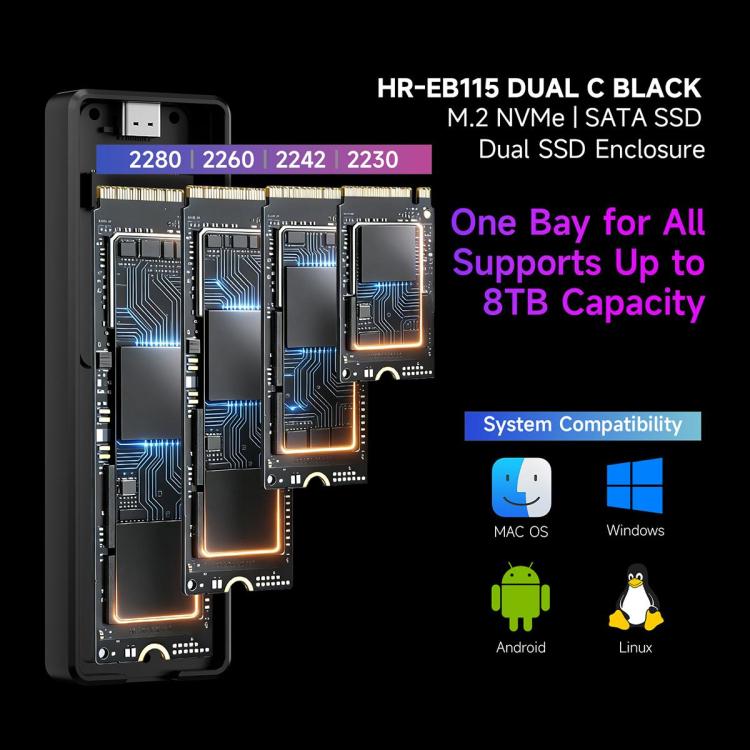 THERMALRIGHT HR-EB115 M.2 NVMe / SATA Dual Protocol SSD Enclosure with USB to Type-C Cable & Type-C to Type-C Cable, EB115 Dual Protocol Dual Cable