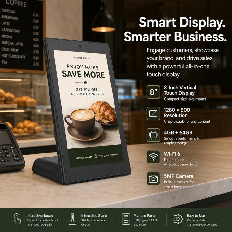 WL8019T 8 inch Vertical Screen HD Touch Screen Digital Signage, 4GB+64GB, Android 14 RK3576S Quad Core, US Plug, EU Plug, UK Plug