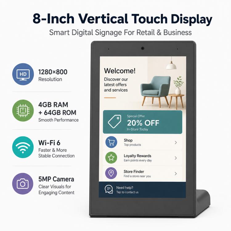 WL8019T 8 inch Vertical Screen HD Touch Screen Digital Signage, 4GB+64GB, Android 14 RK3576S Quad Core, US Plug, EU Plug, UK Plug