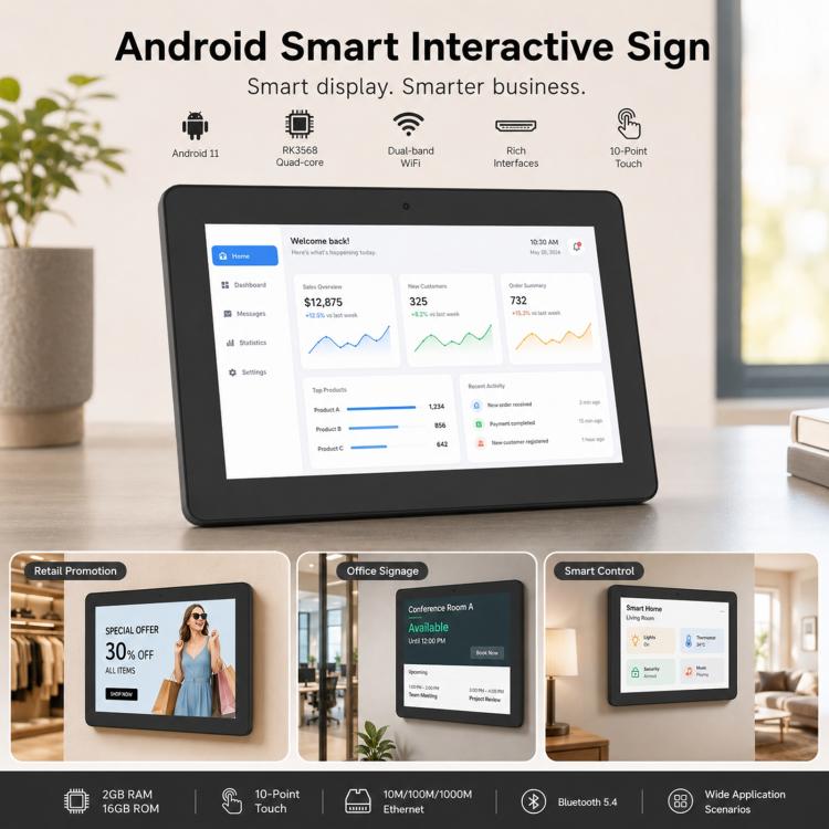 WF1038T 10.1 inch IPS HD Touch Screen Digital Signage, 2GB+16GB, Android 11 RK3568 Quad Core, US Plug, EU Plug, UK Plug