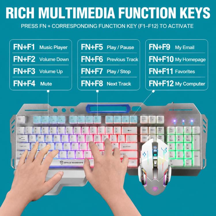 SHIPADOO GT700 Illuminated Wired Gaming Keyboard and 6D 4800DPI Mouse Set, Standard Character Transparent Version, GT700, Standard Character Transparent Version