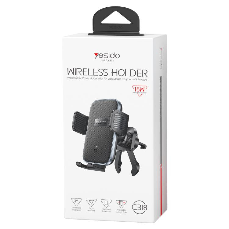 Yesido C318 15W Car Air Vent Clip Wireless Fast Charging Phone Holder, C318