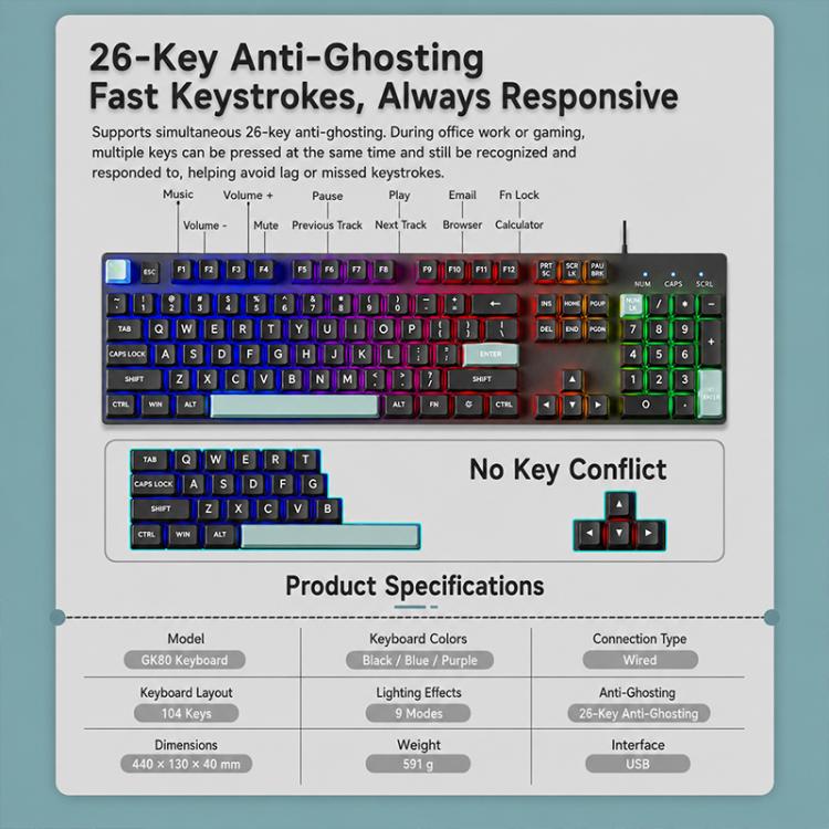 SHIPADOO GK80 104 Keys Mechanical Feel USB Wired Keyboard