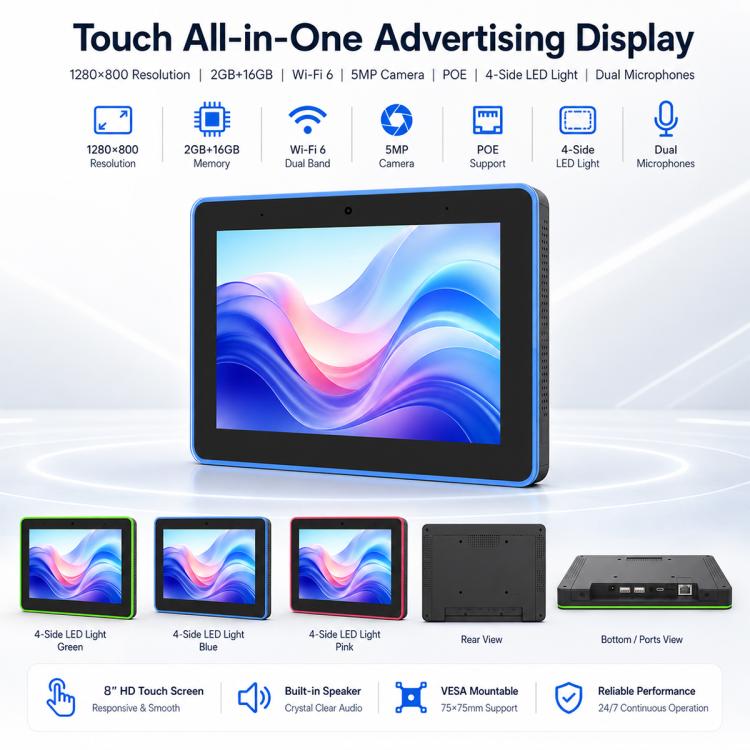 WA8058T 8 inch HD Touch Screen Digital Signage with Light, 2GB+16GB, Android 11 RK3568 Quad Core, EU Plug, UK Plug, US Plug