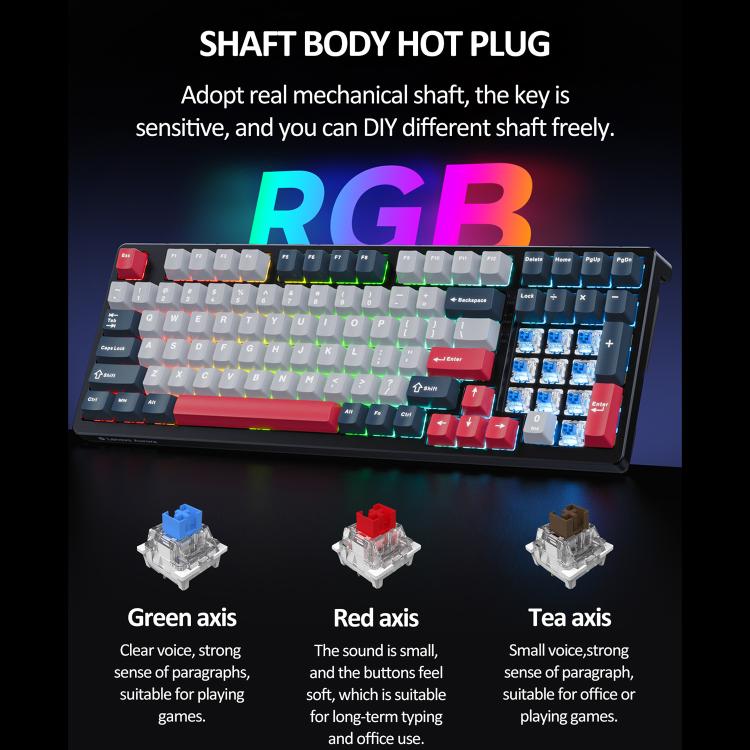 Lenovo GK10 RGB 98 Keys Three Modes Wireless Mechanical Keyboard, Tea Axis, Red Axis, Blue Axis