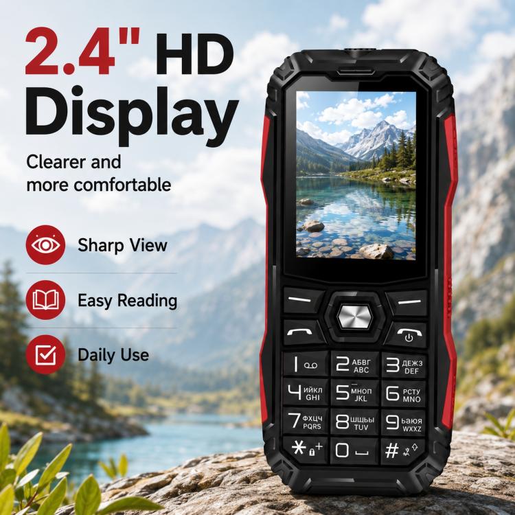 HE248 Rugged Style Phone, 2.4 inch, 3D Keys Network: 2G, Dual SIM, BT, Torch, Russian Keyboard, No Power Plug