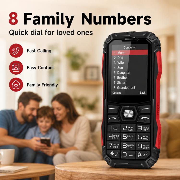 HE248 Rugged Style Phone, 2.4 inch, 3D Keys Network: 2G, Dual SIM, BT, Torch, Russian Keyboard, No Power Plug